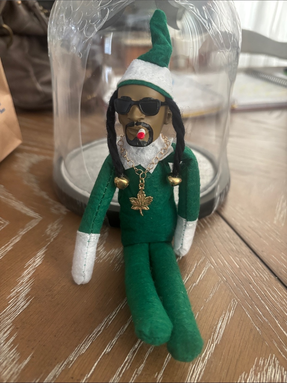Green Holiday Elf Doll with White Trim and Gold Leaf Charm